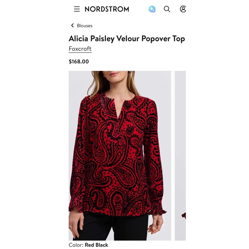 Foxcroft Alicia Paisley Velour Popover Top Red Black 1X NWT